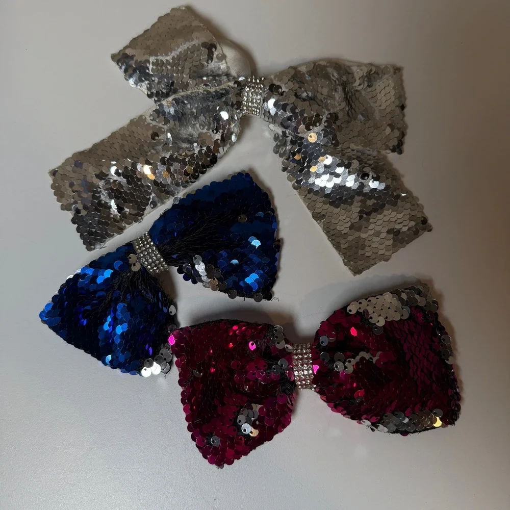 Kids‎ Sparkle Sequin Bow Hair Clips Set 3 Colors Blue Pink Silver